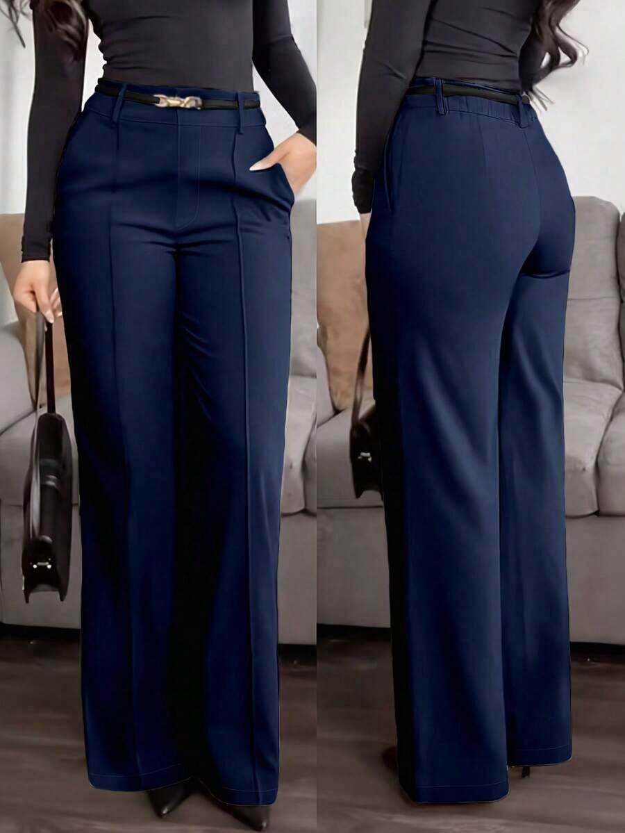 Pantalones rectos de tela de traje con bolsillo con cremallera de unicolor Jessfin, sin cintura, elegantes para la oficina, casuales y versátiles, para primavera/verano - Azul marino - Ver 1
