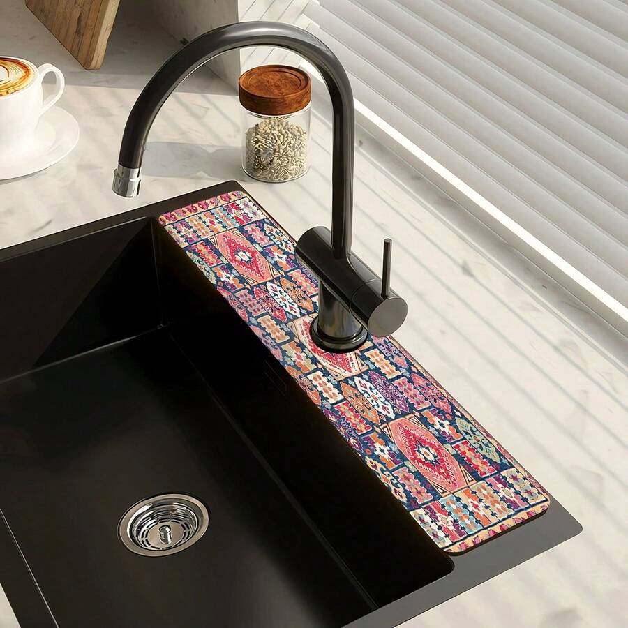 1 pieza Alfombrilla para grifo con estampado bohemio, de poliéster duradero, de secado rápido, fácil de limpiar, adecuada para cocina y baño, fácil de instalar, decoración diaria, regalo, alfombrilla de baño, alfombrilla de grifo duradera, accesorio para grifo - Multicolor - Ver 1