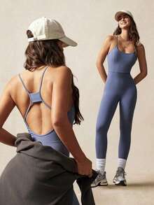 VARSITIE Mono deportivo ajustado y bonito de yoga para mujer - Niebla azul - Ver 3