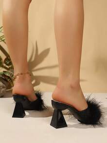 2026 New Lace Vamp Fluffy Decor High Heels, Hollow Heels, Comfortable Breathable High Heels Suitable For All Occasions - Black - View 6