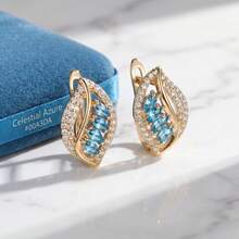 1 paire de boucles d'oreilles clips de luxe en forme de goutte d'eau avec pierres décoratives multicolores et œil de cheval, incrustées de zircone cubique synthétique brillante, style feuille ajourée, boucles d'oreilles de mariage, cadeau d'anniversaire et de fête, convient aux femmes élégantes et professionnelles, approprié pour les mariages, les galas, les anniversaires et les occasions professionnelles - Doré - Voir 8