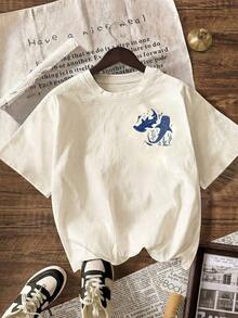 Camiseta casual de mujer de cuello redondo y manga corta con diseño de tiburón que protege el océano, color blanco para verano - Azul y blanco - Ver 2