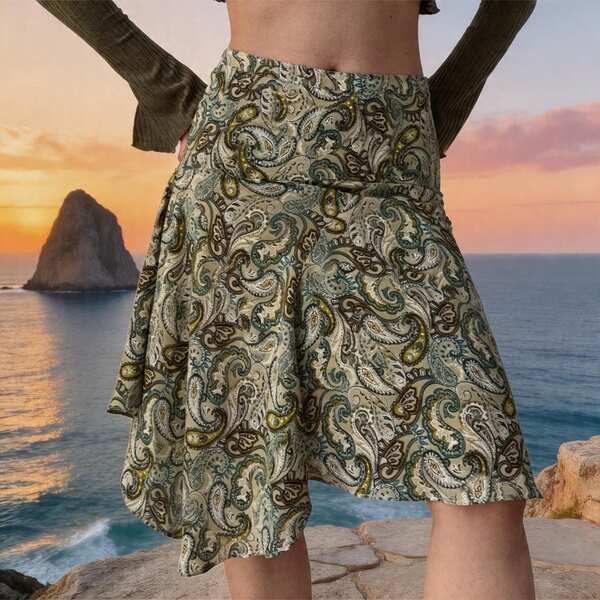 Damen Casual asymmetrischer ausgestellter Knielanges Polyester Rock, Hippie Paisley Muster, perfekte Wahl für Sommeroutfits