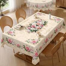 1pc Rectangular/Oval/Round Vintage Rose Print Tablecloth, Floral Lace Trim Polyester Fabric, Home Decor, Wedding Decorations, Table Cloth - Multicolor - View 5