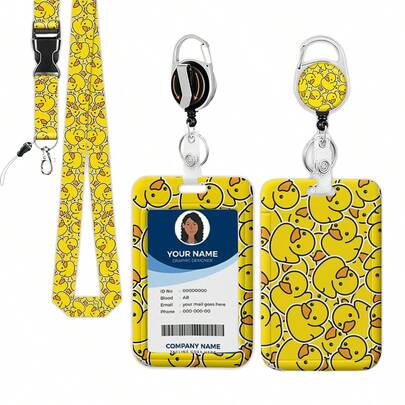 1 pieza (Clip de insignia + Portador de tarjeta + Cordón) Carrete de insignia con pato amarillo lindo, Soporte versátil para tarjeta de identificación con clip giratorio para trabajador de guardería, asistente médico, enfermera, clip para manga, protector de tarjeta de identificación de pediatra, regalo de útiles de oficina para amigos y compañeros de trabajo