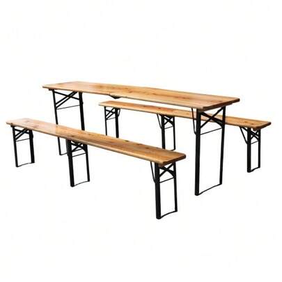 Foldable Beer Garden Set 220 Cm, 3-Piece: 1 Folding Table + 2 Beer Benches, Weatherproof Solid Pine, Space-Saving, Up To 200 Kg, Beer Garden Set