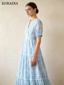 女士夏季刺绣蕾丝拼接连衣裙，优雅派对蓝色泡泡袖中长连衣裙，婚礼宾客休闲度假沙滩连衣裙 - 淺色水洗藍 - 查看 6