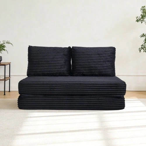 Cama conversível, poltrona, sofá sem estrutura, sem necessidade de montagem, com tecido chiffon, para salas de estar, salas de leitura e quartos, na cor preta, com textura de veludo cotelê macio. - Preto - Ver 1