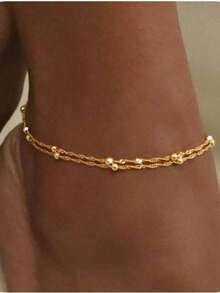 1 Set Fashionable Copper Beaded Chain Anklet, Minimalist Personalized Double-Layer Twist Chain Foot Jewelry For Women - Gold - View 4