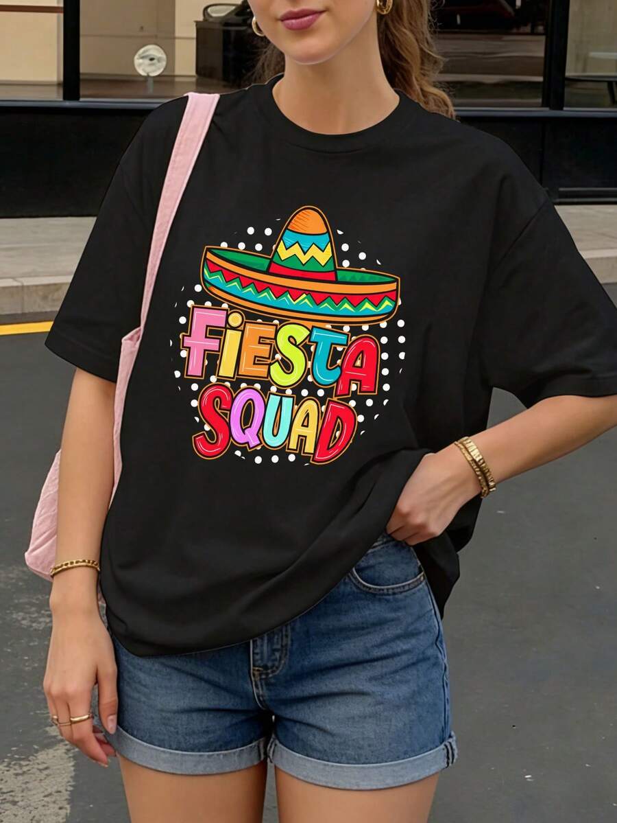 Camiseta Negra Fiesta Squad con Sombrero Mexicano para Fiestas y Eventos - Negro - Ver 1