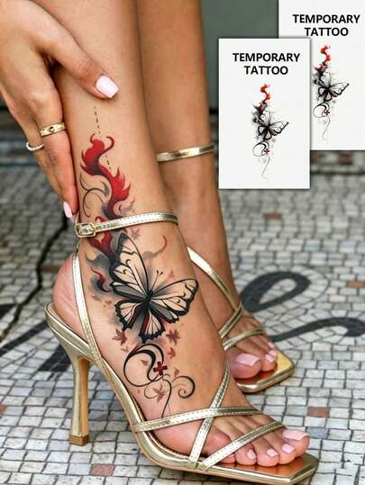 2pcs Fashion Temporary Tattoo Stickers, Couples Tattoo, Black Fake Tattoo, One-Time Use Tattoo, Rose, Butterfly, Animal, Skull, Leaf, Flower Patterns, Waterproof, Non-Reflective, Easy To Apply And Remove, Highly Realistic, Suitable For Men Or Women On Chest, Leg, Arm, Waist, Abdomen, Foot, Music Festival Party Supplies