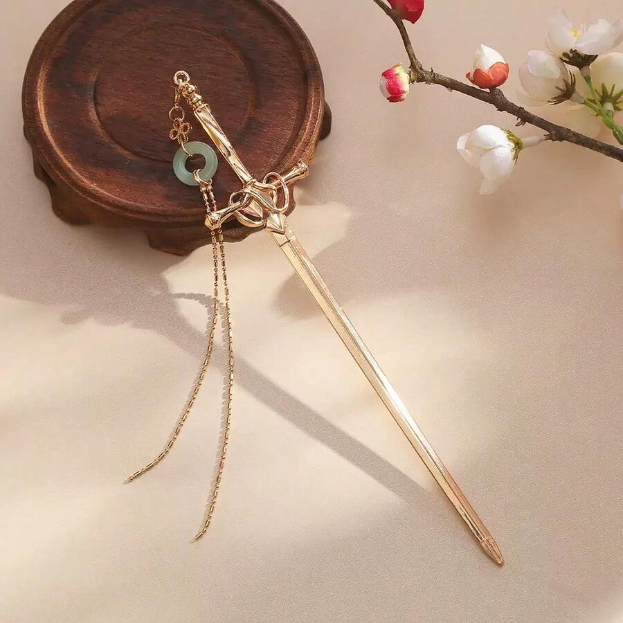 1件女款劍形髮簪，配瑪瑙流蘇吊墜，極簡優雅髮飾，適用節日、派對，髮髻延伸造型髮針頭飾 - 金色 - 查看 1