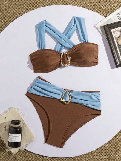 wohenmeili 撞色金属装饰比基尼套装，时尚双色挂脖比基尼套装，露背交叉设计，独特金属装饰，高品质面料泳衣套装，度假之选