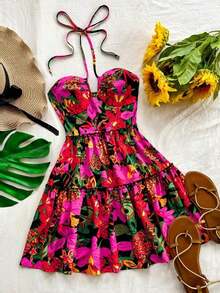 Women's Vacation Style Front Cut Out Tie Neck Ruffle Hem Decor Black Background Colorful Tropical Flower & Fruit Print Wedding, Beach, Music Festival, Summer Bohemian Party Dress - Multicolor - View 6