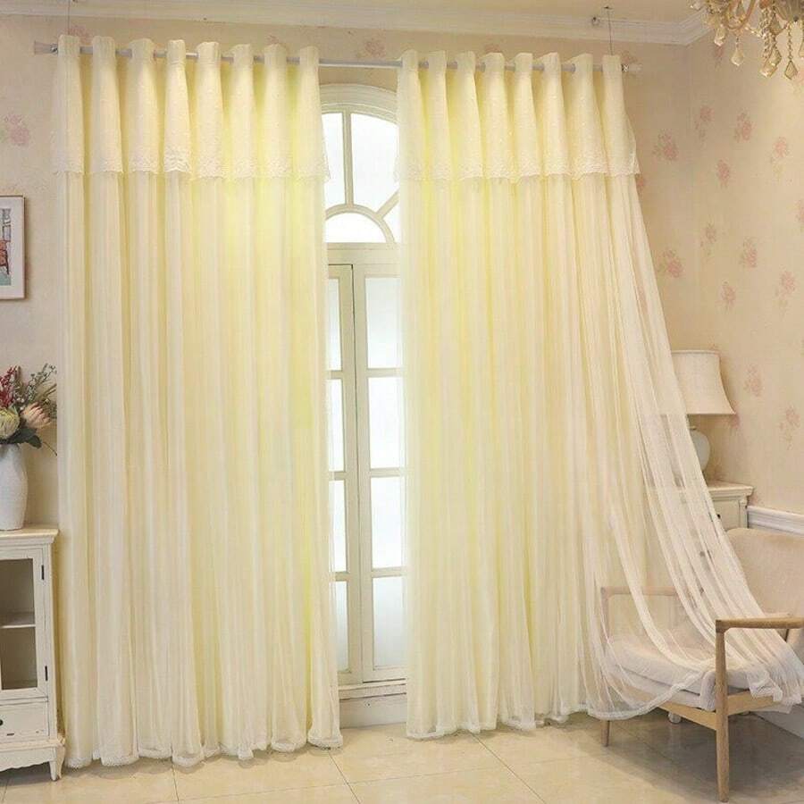 1 tấm rèm cửa mờ, rèm voan phòng ngủ, màu trà sữa, phong cách Pháp mộng mơ với chất liệu vải voan. - Màu vàng - Xem 1