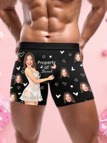 1pc Men's Customized Face Photo Print Briefs, Personalized Heart Star Pattern Underwear, 9 Sizes XXS-XXXL, Anniversary Birthday Gift - Black - View 4