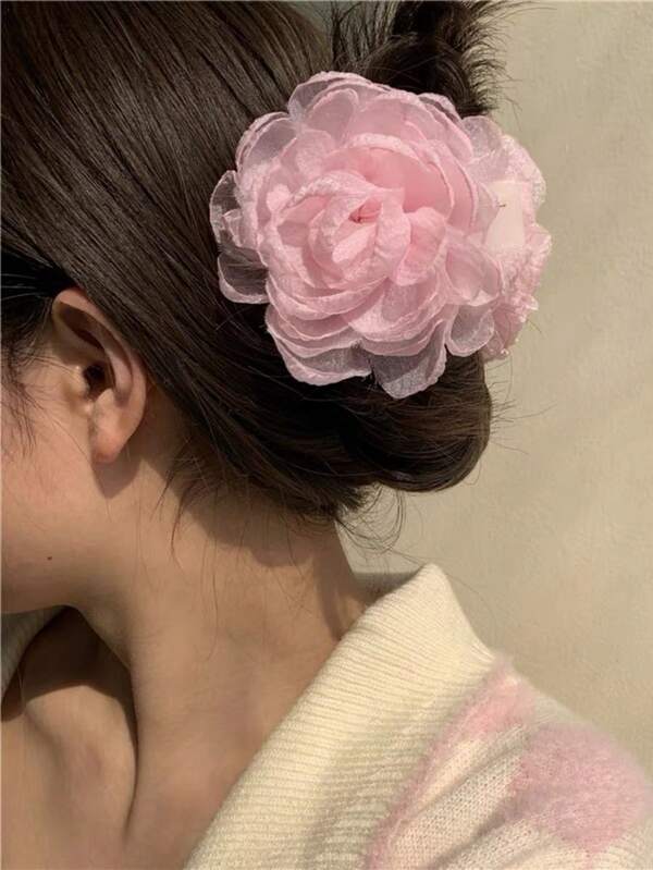 Elegant Chiffon Hair Clip With Large Bubble Design And Lace Details, Using Durable Materials And A Structure Inspired By French Pins, Suitable For Daily Wear. The Atmospheric Bubble Shaped Lower Jaw Design, Combined With Anti Slip Teeth, Provides A Reliable Grip For Thick, Delicate Or Medium Hair, Suitable For Weddings, Parties, Leisure Outings Or Daily Wear. These Women's Rose Hair Clips Add Freshness And Elegance To Various Styles
