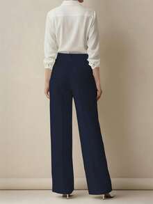 Women's Minimalist 2-Pieces Set: High-Waisted Wide-Leg Pants, Classic Navy Blue And Coffee Color, Front Pleated Waistband, Modern Low-Key Luxury Office & Casual Pants Set, Effortlessly Elegant Professional And Streetwear Style Bottom - Multicolor - View 2
