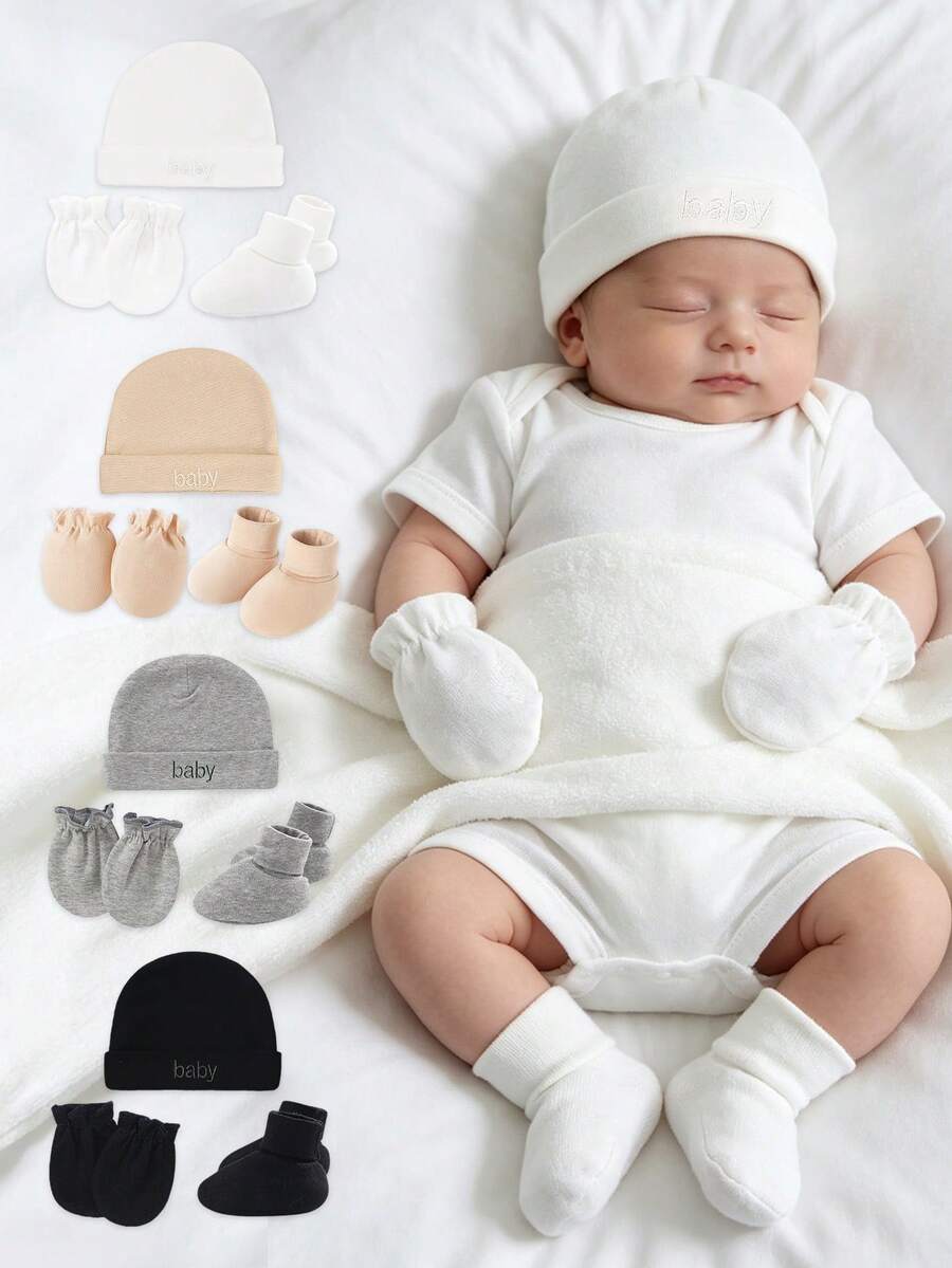 一套新生儿必备用品，“Baby”刺绣字母印花，柔软亲肤，纯色男女通用，适合0-3个月的男宝宝和女宝宝，四季皆宜，适合日常穿着，婴儿送礼套装 - 1Set - 查看 1