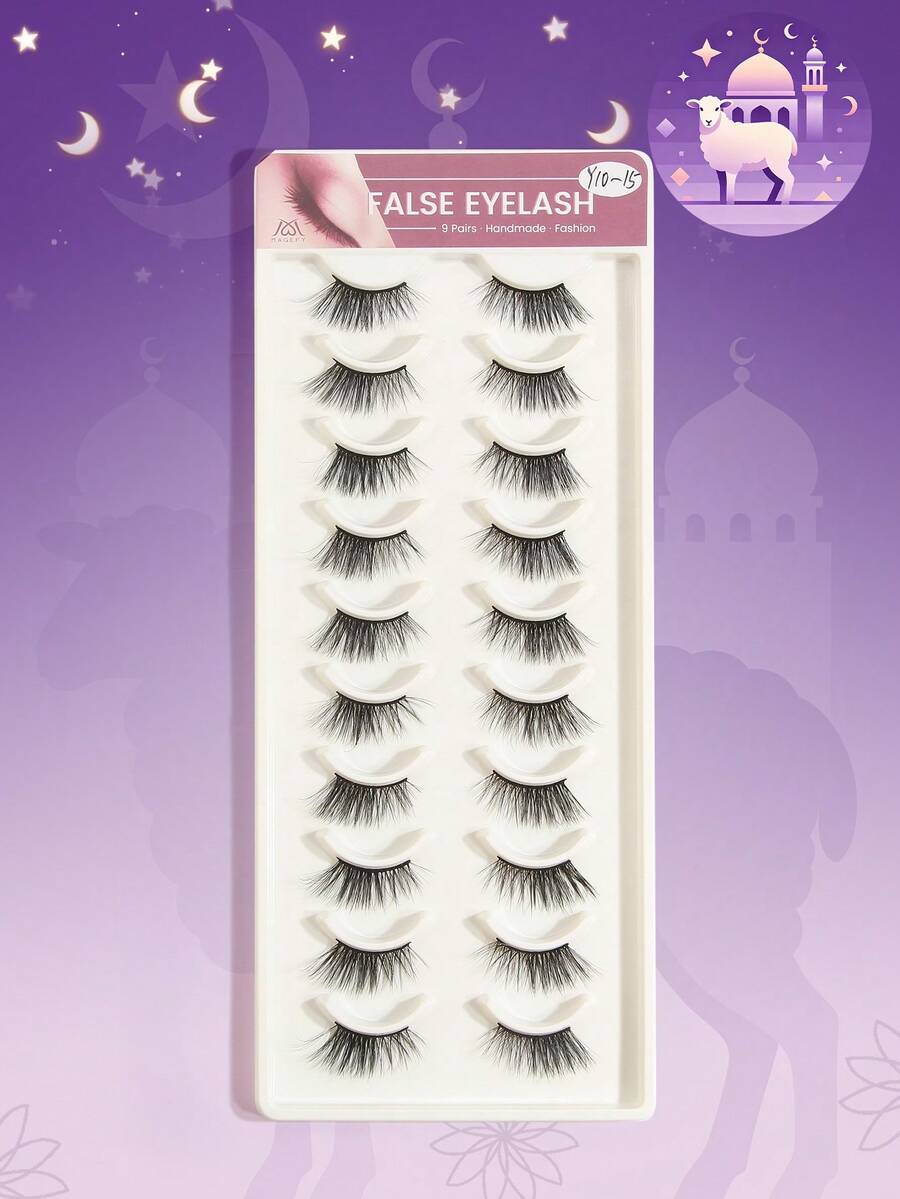 MAANGE 10 pares de pestañas postizas de medio ojo de efecto natural completo, gruesas, rizadas y esponjosas, adecuadas para fiestas, maquillaje de dibujos animados, esenciales de viaje, puntas de pestañas extendidas, pestañas postizas - Negro - Ver 1