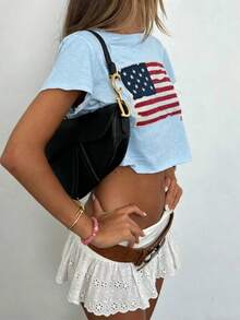 Women's American Flag Print Cropped Top - Short-Sleeve Round-Neck T-Shirt With White Ruffle Hem And Star Embellishments - Suitable For Summer Casua - 淺藍色 - 查看 1
