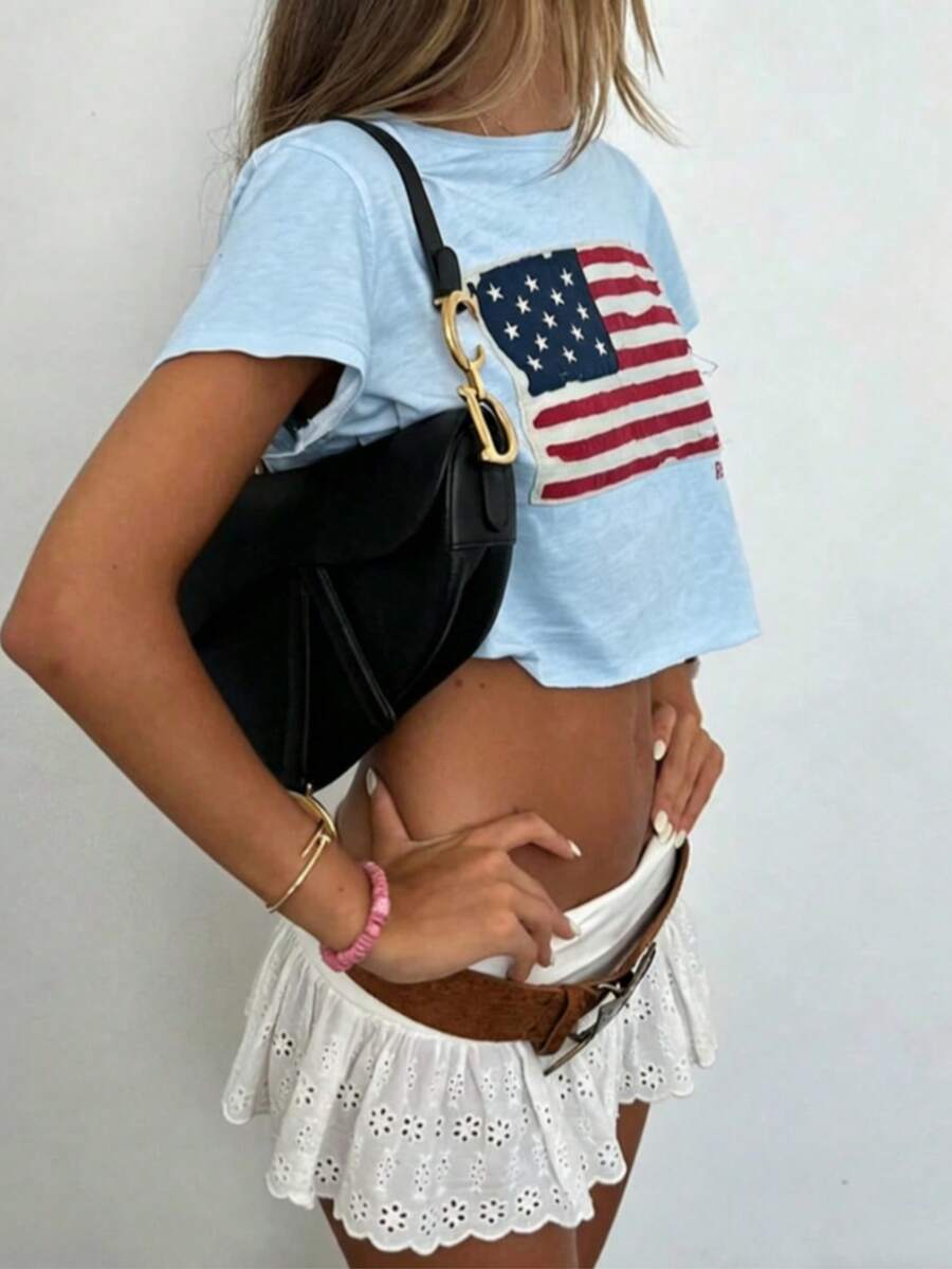 Women's American Flag Print Cropped Top - Short-Sleeve Round-Neck T-Shirt With White Ruffle Hem And Star Embellishments - Suitable For Summer Casua - 淺藍色 - 查看 1