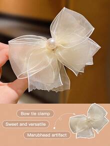 1pc Fabric Bowknot Hair Claw Clip, Suitable For Daily Wear, Beige, Pink, Purple Colors For Women - White - View 6