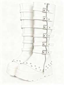Botas altas de mujer con estilo Y2K, de metal negro, estilo punk, combinación de plataforma alta, botines hasta la rodilla con cremallera y hebilla, leggings, botas de estilo navideño y de Halloween - Blanco - Ver 11
