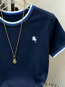 Bộ trang phục công sở/đi làm cổ điển màu xanh navy dành cho nữ, phối cùng logo ngựa tương phản, áo thun ngắn tay cổ tròn tối giản cho nữ mặc hàng ngày mùa hè - Màu xám đen - Xem 3