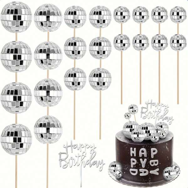 1/6/12pcs Silver Disco Mirror Ball Cake Toppers With Wooden Sticks, Drink Flags, Halloween/Christmas Cake Decoration, Disco Music Theme Party, Birthday Party, Wedding Decor, Back To School Season