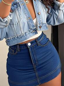 Chân váy denim co giãn nâng mông phong cách tối giản thời trang đường phố Âu Mỹ mới, thường ngày cho dân công sở - Rửa tối - Xem 2
