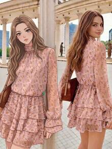 Gaun Lengan 3/4 Berbentuk A-Line Pendek Elegan Berbahan Chiffon Ringan dengan Motif Bunga Ditsy, Gaya Retro Halus, Desain Hem Bergelombang Berlapis, Pakaian Liburan Boho - Baby Pink - View 2