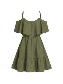 Vestido mini elegante de alta gama, diseño de hombros descubiertos y corte entallado, ideal para vacaciones, uso diario, reuniones y meriendas - Verde militar - Ver 4