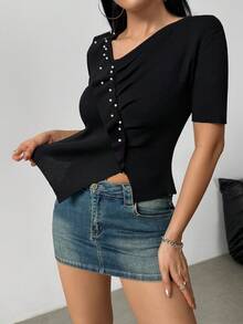 Women's Asymmetrical Pearl Ruched Design Short Sleeve Split Hem Blouse, Fashionable Elegant Fitted Breathable Silk-Like Pullover Top For Summer Black - Black - View 5