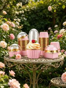 30/50Pcs Pink & Gold Cupcake Liners With Lids Premium Round Aluminum Foil Baking Cups, Heat Resistant And Durable. Elegant Pink And Gold Design Fits Muffins, Cheesecakes And Brownies Perfectly. Great For Birthdays, Christmas, Halloween, Autumn & Pumpkin Themed Parties, Ideal For Daily Baking And Festive Dessert Decoration. - Multicolor - View 9
