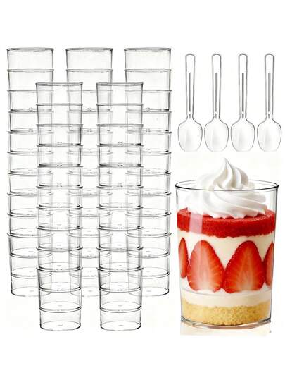 50 ชิ้น ถ้วยขนมหวานใสใช้ซ้ำได้ทนทานพร้อมช้อน | โหลทรงกระบอกใสกันรั่วซึมวางซ้อนกันได้ เหมาะสำหรับงานแต่งงาน, งานเลี้ยงวันเกิด, ชีสเค้ก, พุดดิ้ง, ทีรามิสุ - ภาชนะบนโต๊ะอาหารประหยัดพื้นที่, ทำความสะอาดง่าย, ถ้วยขนมหวานสำหรับปาร์ตี้ | ดีไซน์โปร่งใส | ทนทาน