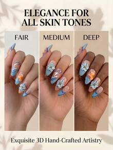 NAILS BASE 10件組 粉色杏仁形長款法式漸層漸變假指甲，附玫瑰紅花朵，杏仁形甲片，適合辦公場合的中性華麗風，日式手工製作 - 彩色 - 查看 6