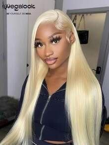 MEGALOOK #613 金色 13x4 蕾丝前额假发 直发 原生人发 透明蕾丝 预先拔毛 自然发际线 易于佩戴 新手友好 适合女性 度假 旅行 节日 Cosplay 校园 学校 婚礼 露营 假日 日常穿搭 时尚休闲风格 - S613 - 查看 3