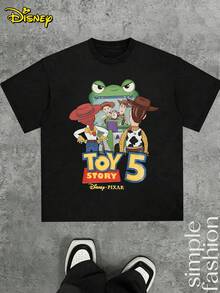 Disney Toy Story Themed Printed Casual Set, Round Neck Short Sleeved Casual T-Shirt And Drawstring Waist Shorts Set For Boyfriend Gift, Suitable For Outings, Vacations, And Comfortable Wear - 黑+黑 - 查看 2