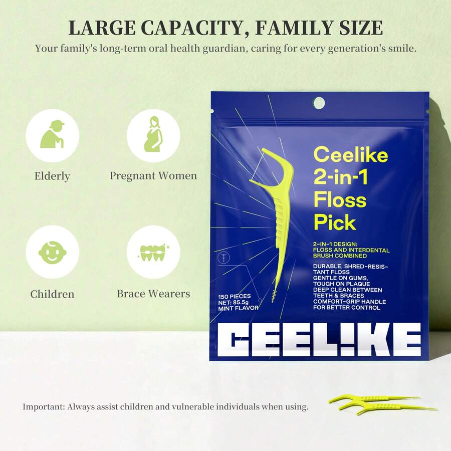 Ceelike Fashion 牙線與牙籤套組,150入薄荷口味,便攜式牙齒清潔工具牙籤 - 青檸色 - 查看 1