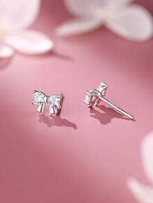 1 par de pendientes de plata de ley 925 con lazo, incrustados con circonita en forma de corazón brillante, diseño dulce y lindo al estilo de las chicas de , diseño fresco y dinámico, adecuado para uso diario de niñas, regalo para fiestas - Arco - Ver 5