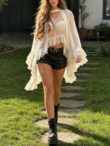 Boho Coquette Sheer Ruffle Kimono - Flowy Chiffon Open Front Cover-Up With Neck Scarf - Trắng ngà - Xem 5