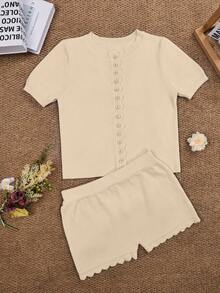 2pcs Women Short Sleeve Round Neck Multi-Button Knit Cardigan Top Paired With Elastic Waist Slim Fit Casual Shorts, Spring Everyday Outfit - Apricot - View 4