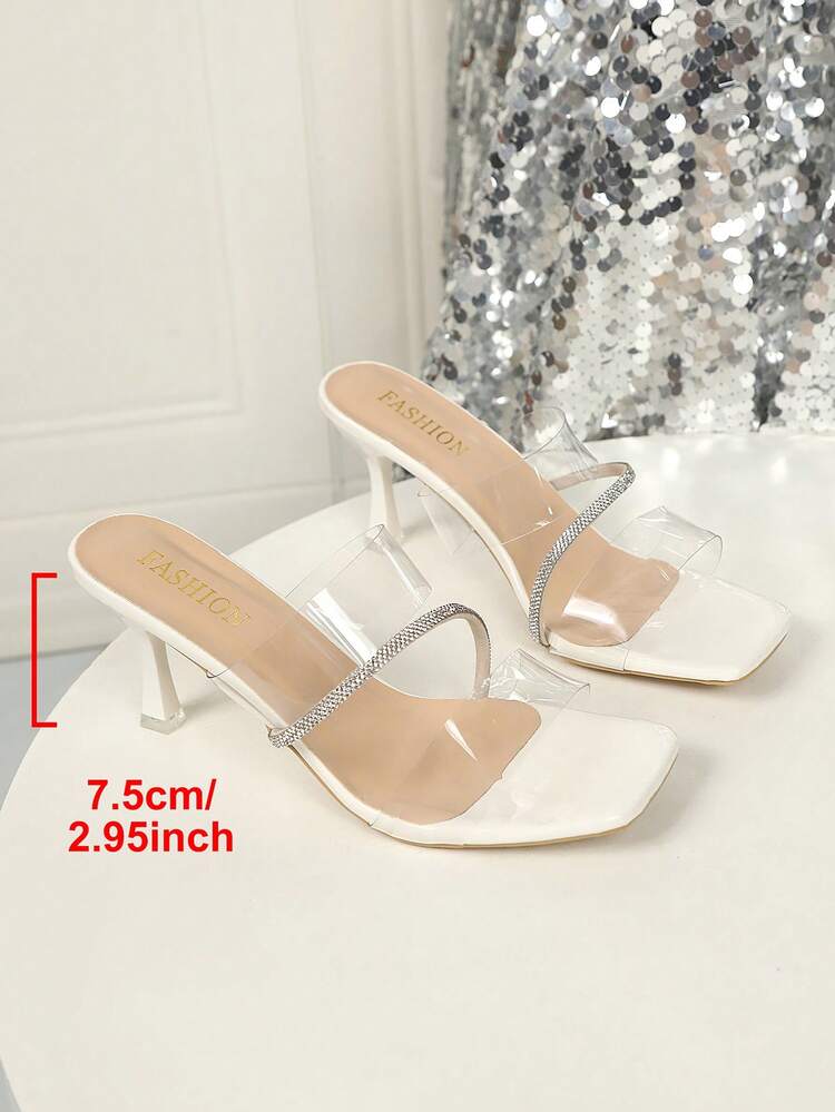 Giày sandal cao gót trong suốt đính pha lê dành cho nữ, kiểu dáng cổ tích; Giày sandal đế bằng mỏng, mũi vuông, quai trong suốt dành cho nữ; Giày cao gót tối giản gợi cảm dành cho nữ. - màu trắng nhạt - Xem 6