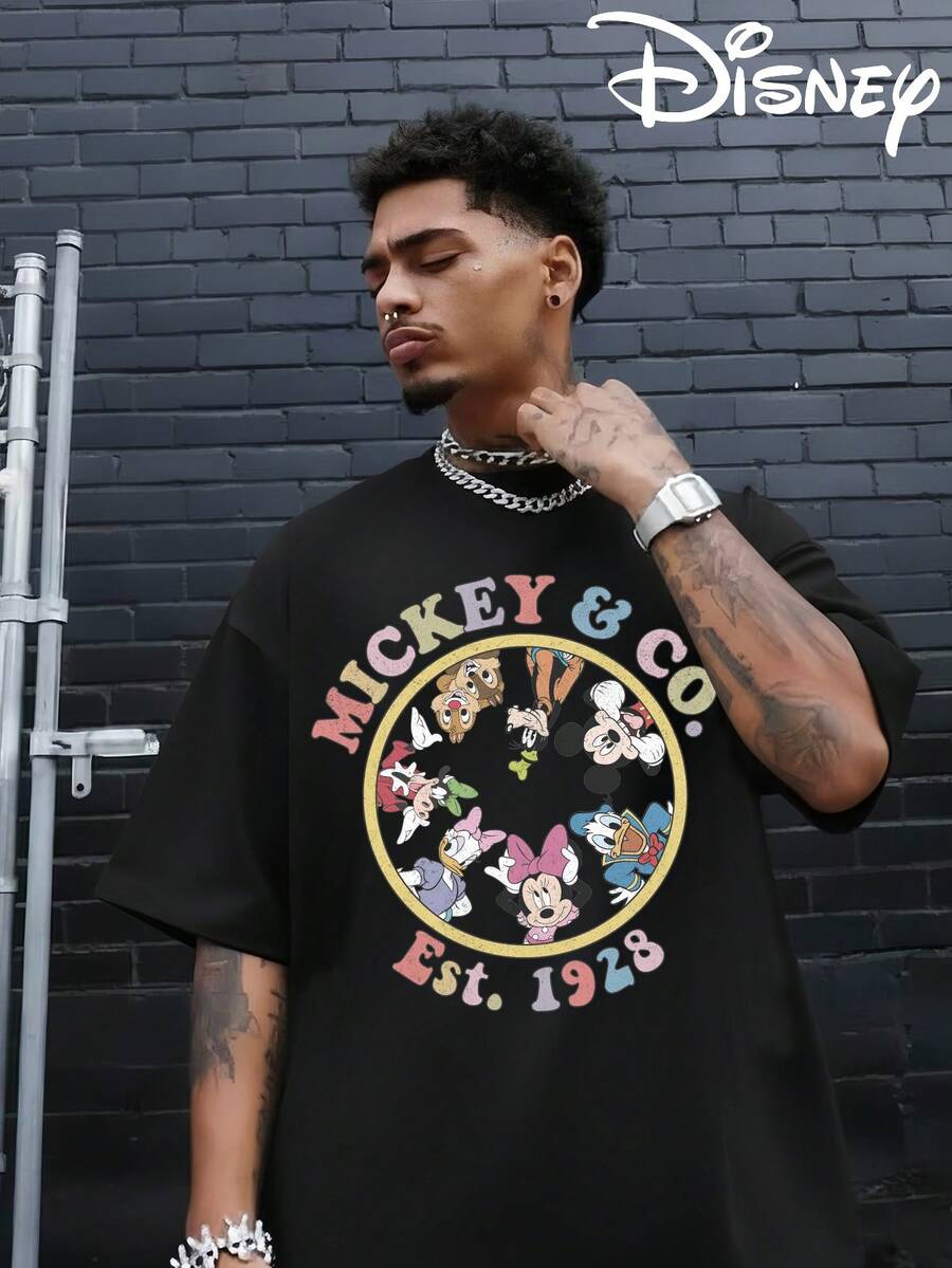 Disney Authorized Mickey Mouse Cartoon Pattern And Mickey Letter Print, Men's Black Pure Cotton Short Sleeved T-Shirt, Breathable White Short Sleeved T-Shirt, Suitable For Summer Wear, Neutral, Regular Round Neck Casual Style, Washable, Comfortable And Loose. - màu đen - Xem 1