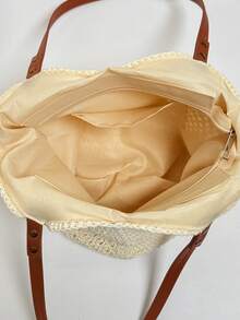 Sac en crochet ajouré ivoire/kaki, sangle en PU + décoration de perles en bois floral, sac à bandoulière décontracté pour les vacances à la plage & les trajets, sac sous le bras en maille fait main, sac fourre-tout de style bohème, sac de shopping d'été pour la plage - Multicolore - Voir 13