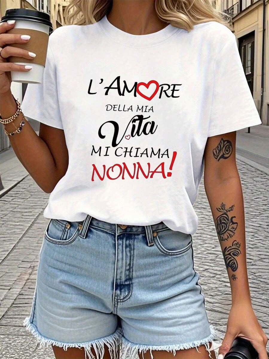 Español: El Amor de Mi Vida Me Llama Nonna | Camiseta de Mujer con Estampado de Letras, Top Casual de Manga Corta y Cuello Redondo para Primavera/Verano, Tejido de Elasticidad Media - Blanco - Ver 1