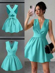 Vestido mini elegante y sexy para invitada de boda con cuello en V cruzado, sin mangas y silueta evasé, diseño versátil para conciertos, playa, fiestas, primavera/verano, con bolsillos, vestido de noche con espalda descubierta, color amarillo mantequilla - verde menta - Ver 7