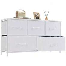 Sweetcrispy 5 Dresser Chest Bedroom, Metal Frame And Wood Top TV Stand Up To 40 Inch With Fabric Storage Drawer Units Living Room - 白色 - 查看 11