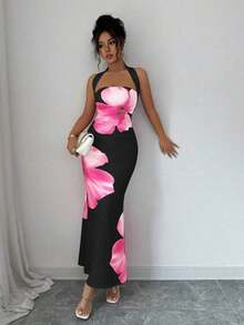 Vestido midi estampado de verano 2025 para mujer, con cuello halter y cintura ajustada. - Negro - Ver 3